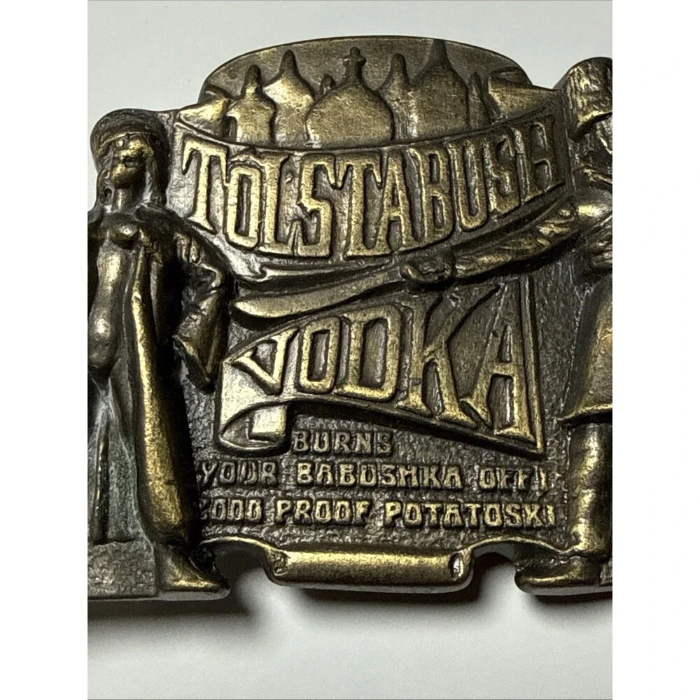 Vintage 1970s Tolstabush Vodka Brass Belt Buckle Excellent Vintage Novelty Humor
